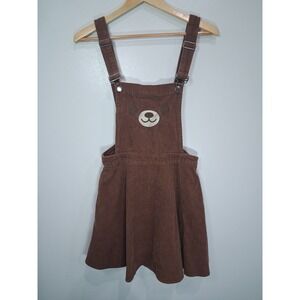 Hot Topic Brown Corduroy Bear Face Overall Pinafore Dress Womens Small RN120684